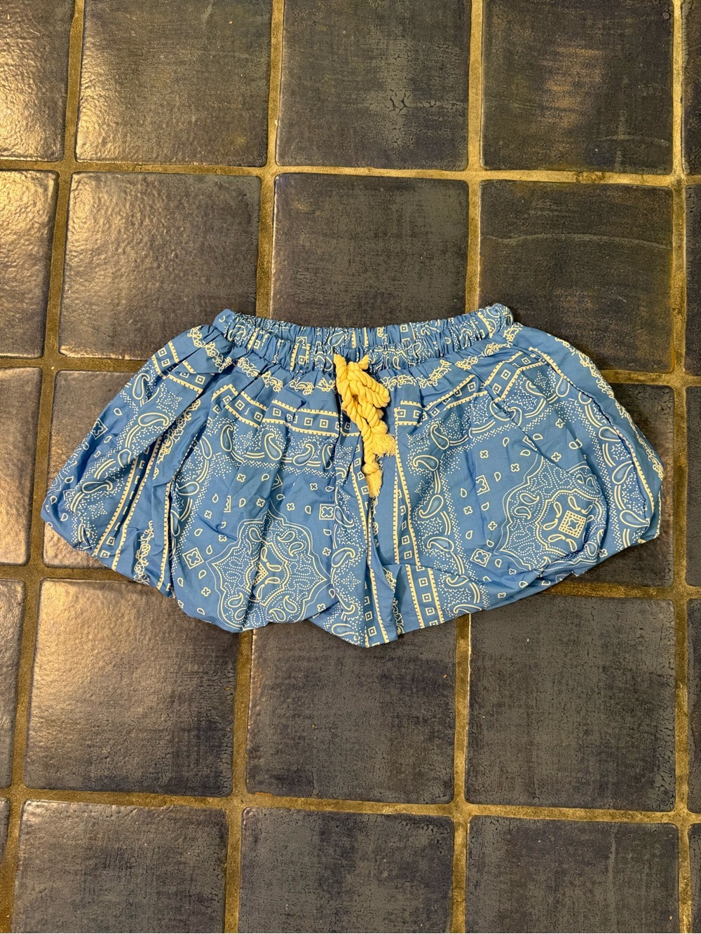 Blue Bandana Print Harem Shorts with Yellow Tassel